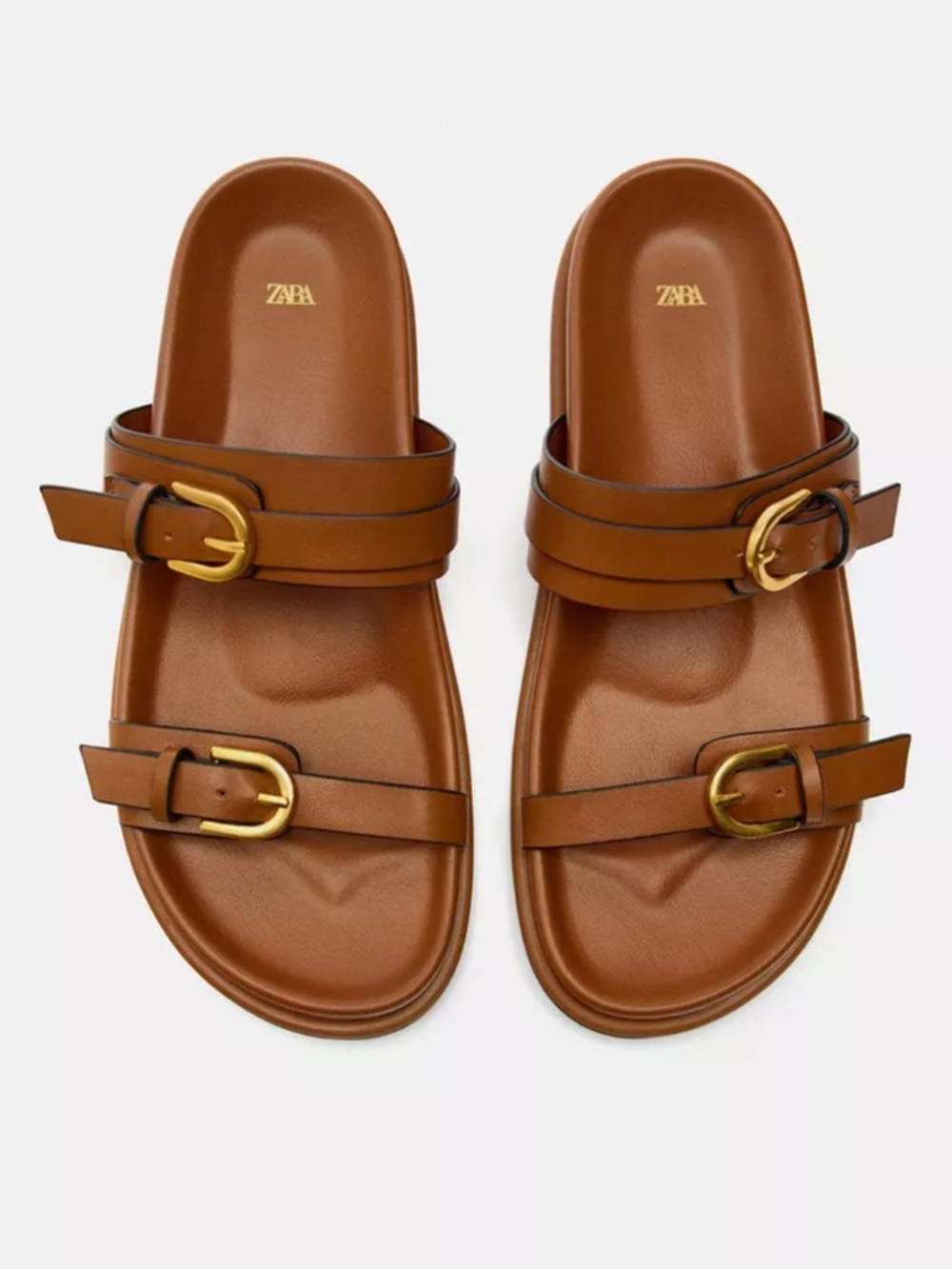 ZARA Buckled Flat Slider Sandals Double Strap with Gold Accents